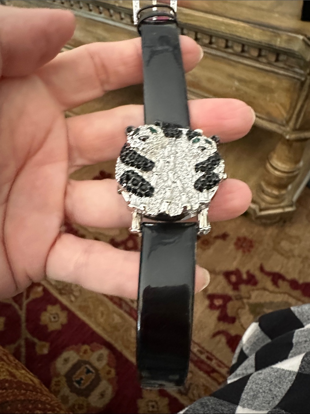 Crystal Panda Face Buckle Patent Leather Bracelet- Black